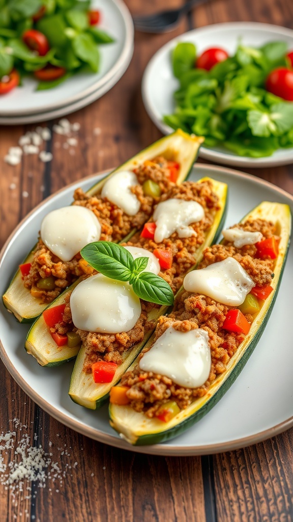 Stuffed zucchini boats filled with ground meat and cheese, garnished with basil, on a rustic table.